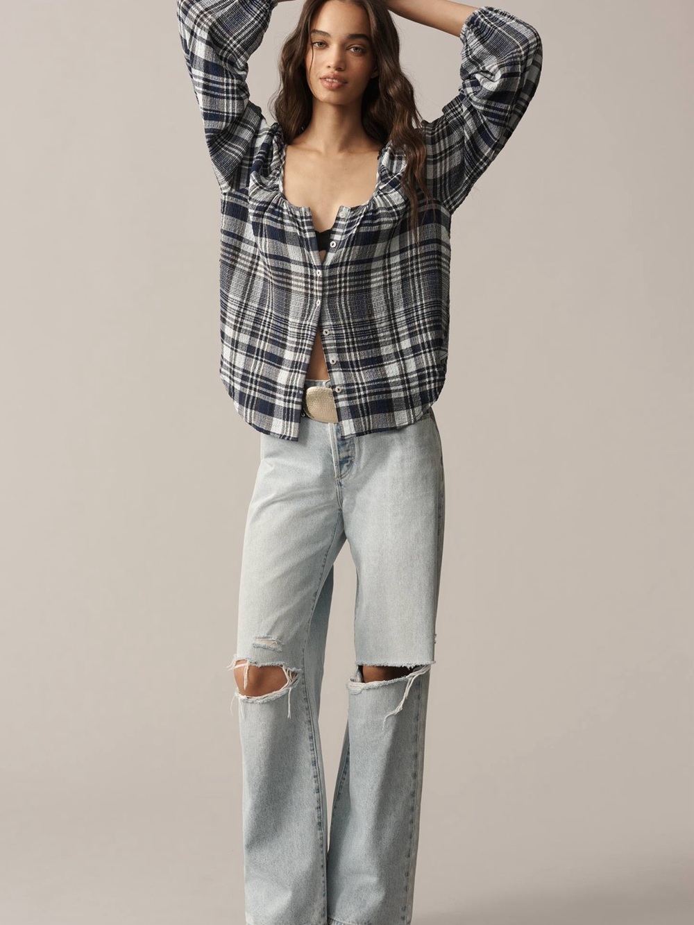 PILCRO from Anthropology Navy, Black and White Plaid Button-Front Top - Picture 6 of 6